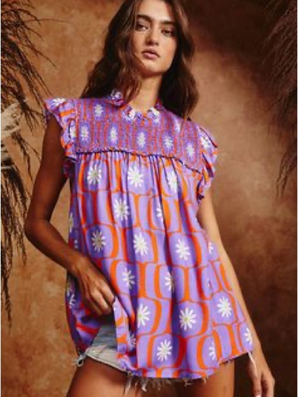 BUCKETLIST new Purple and Orange Floral Ruffle- Grove Babe Blouse Medium